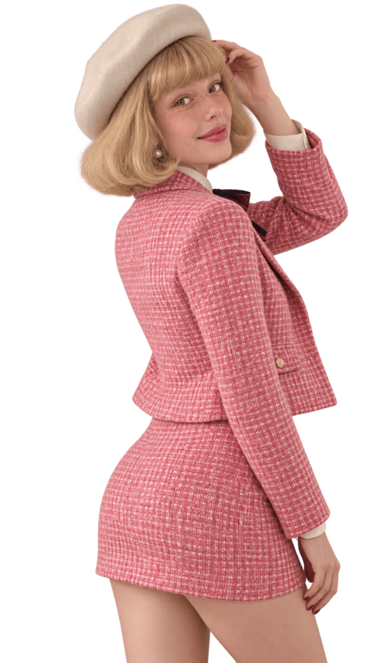 Clarabelle in pink tweed and a cream beret